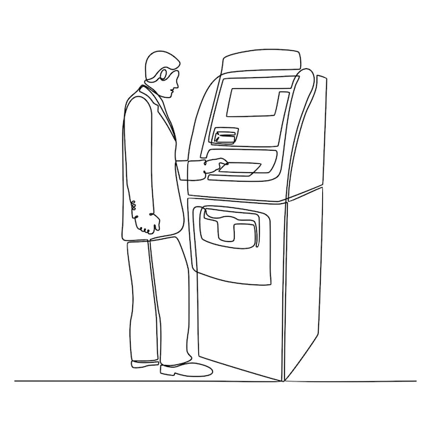 continuous line drawing of businessman doing transaction with atm machine vector illustration