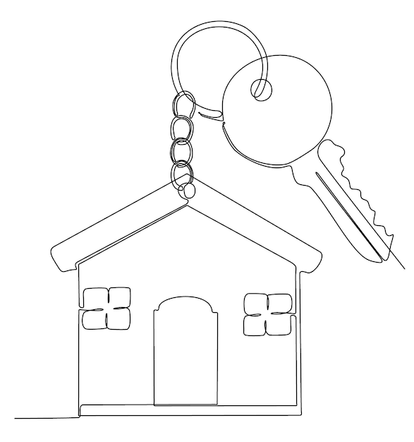 continuous line drawing of house key with house shaped keychain