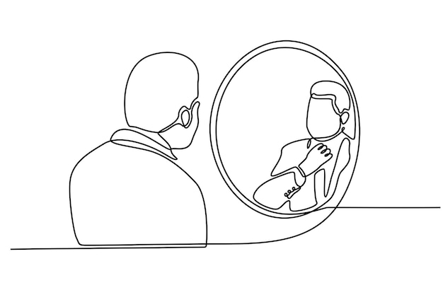 continuous line drawing of man in mirror vector illustration