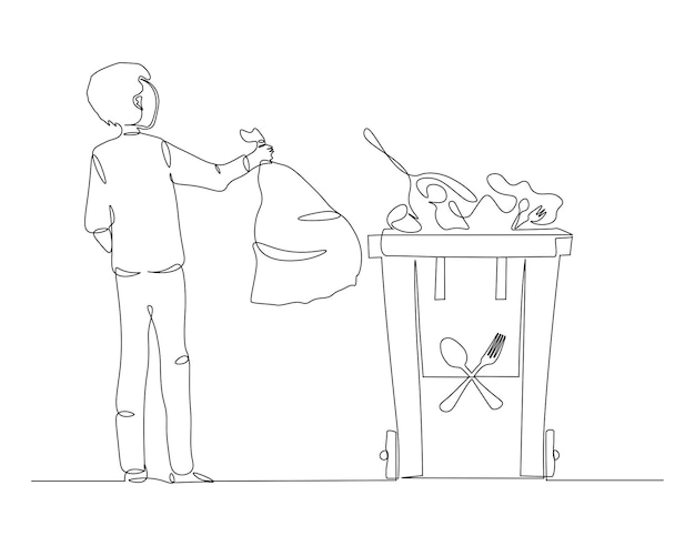 Continuous line drawing of man throwing metal rubbish into the metal dustbin One line of trash can Recycle bin continuous line art Editable outline