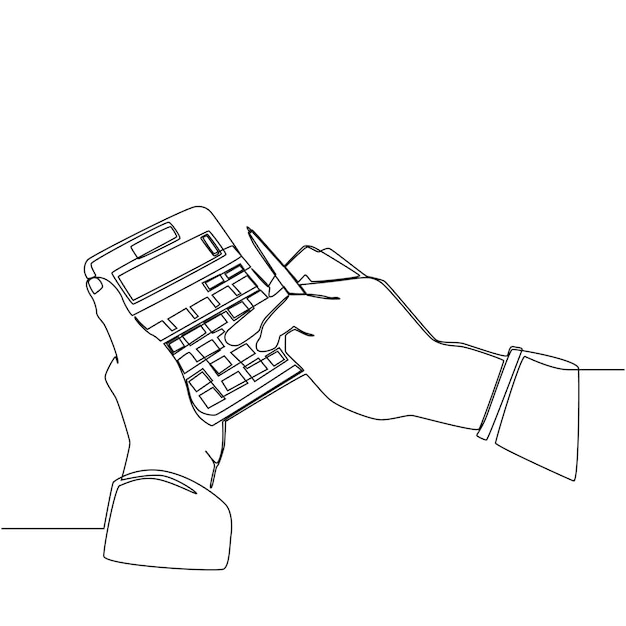 continuous line drawing of people calculate of company income using calculator vector illustration company budget