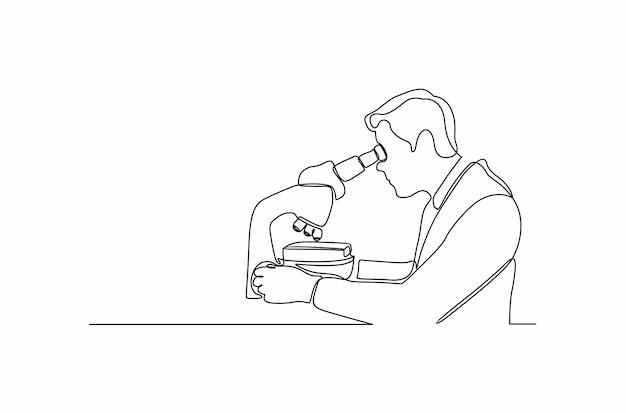 continuous line drawing of scientist working with microscope vector illustration premium vector