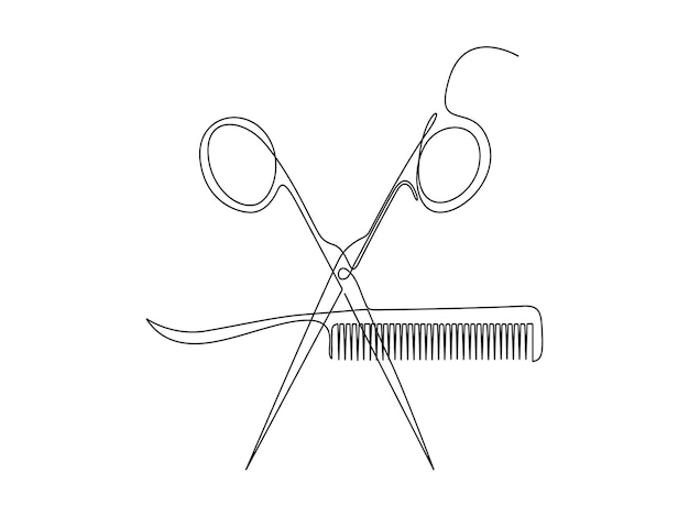 Continuous line drawing of scissors and comb for barbershop on white background vector illustration