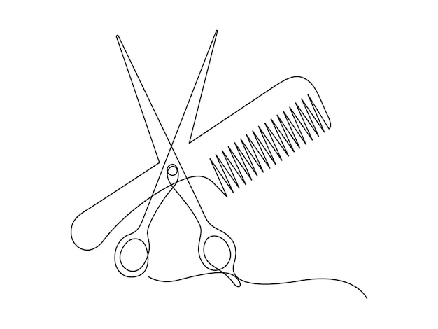 Continuous line drawing of scissors and comb for barbershop on white background vector illustration