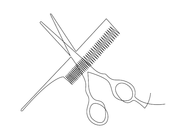 Continuous line drawing of scissors and comb for barbershop on white background vector illustration