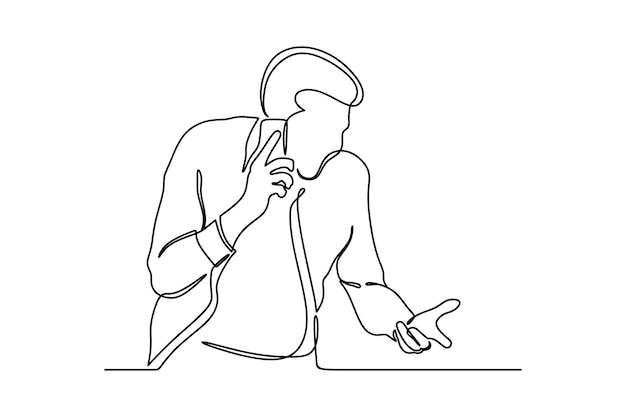 continuous line drawing of Smiling freelancer with cellphone