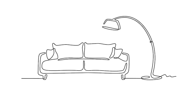 Continuous line drawing of sofa and lamp One line of interior Modern furniture Single line Doodle