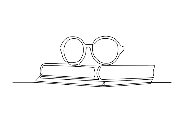 Continuous line drawing of stack of books and eyeglasses