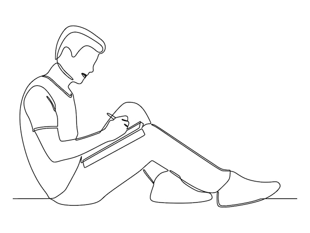 continuous line drawing of teenage student writing in a notebook
