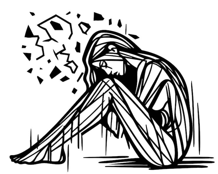 Vektör continuous line drawings of young woman feeling sad tired and worried about suffering