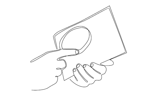 continuous line of hand holding magnifying glass