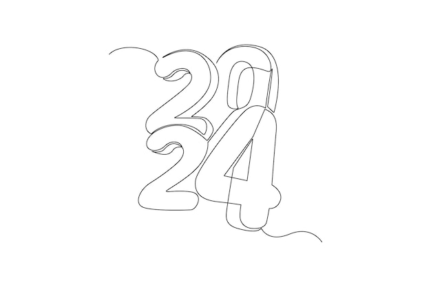 continuous one line drawing 2024 happy new year logo text design doodle vector illustration