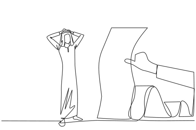 continuous one line drawing arab businessman stood in shock holding head with hands looking at bill