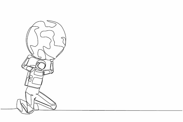 continuous one line drawing astronaut carrying heavy globe on his back earth exploitation vector