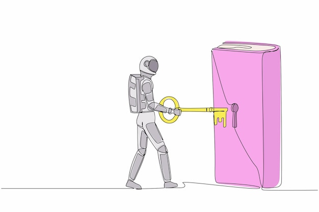 Continuous one line drawing astronaut putting key into book Unlock textbook and knowledge for space
