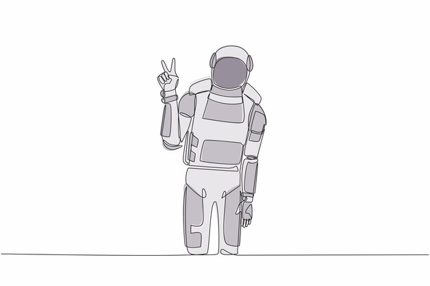 Continuous one line drawing astronaut standing with v symbol victory sign success winner gesture