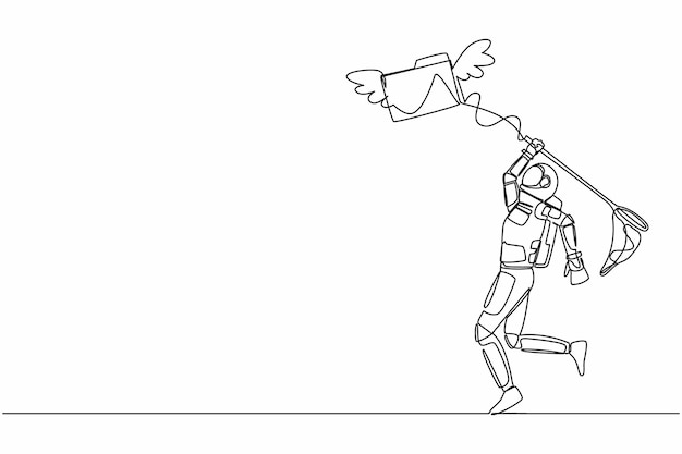 Continuous one line drawing astronaut tries to catch flying folder with butterfly net illustration