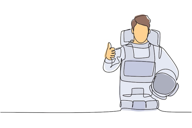continuous one line drawing astronauts with a thumbsup gesture wearing spacesuits design vector