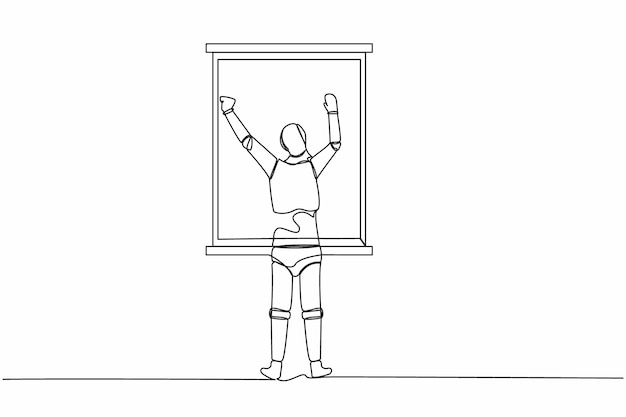 Continuous one line drawing back view relaxed robot stretching arms in window design vector