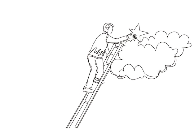 Continuous one line drawing businessman is standing on stairs and reaching star on the sky vector