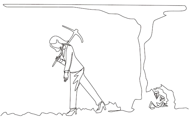 Continuous one line drawing businesswoman give up before reach money and diamonds design vector