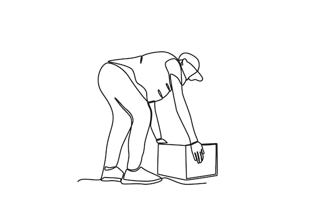 continuous one line drawing courier who is putting a package in front of a customer_s house single
