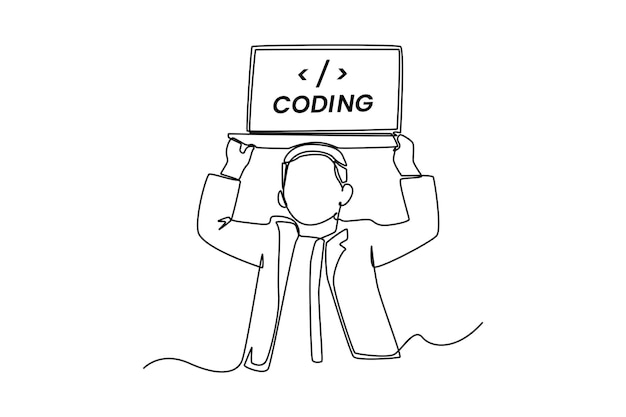 Continuous one line drawing happy boy kid programmer showing programming code the laptop on his head Programming code concept Single line draw design vector graphic illustration