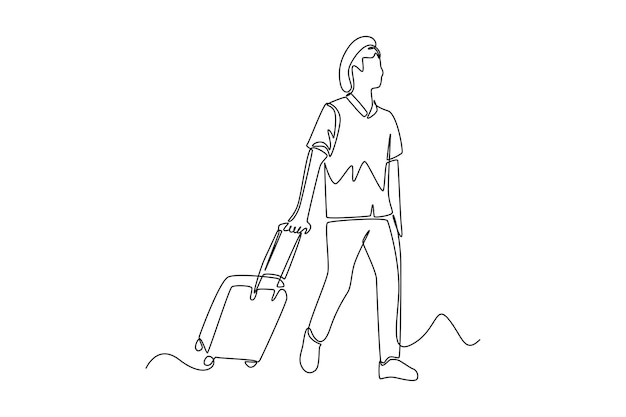 Continuous one line drawing happy man pulling a suitcase for traveling Travel experience concept Single line draw design vector graphic illustration