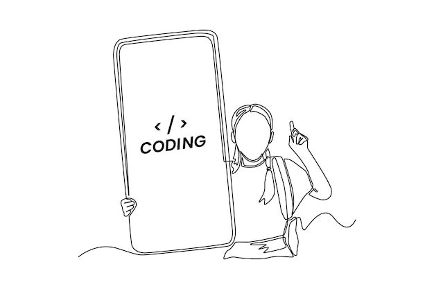 Continuous one line drawing happy programmer hold code programming for smartphone Programming code concept Single line draw design vector graphic illustration