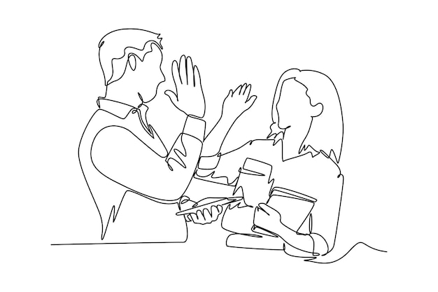 continuous one line drawing happy work concept doodle vector illustration