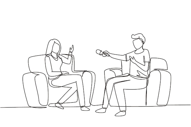 Continuous one line drawing journalistic interview colleagues small talk conversation vector