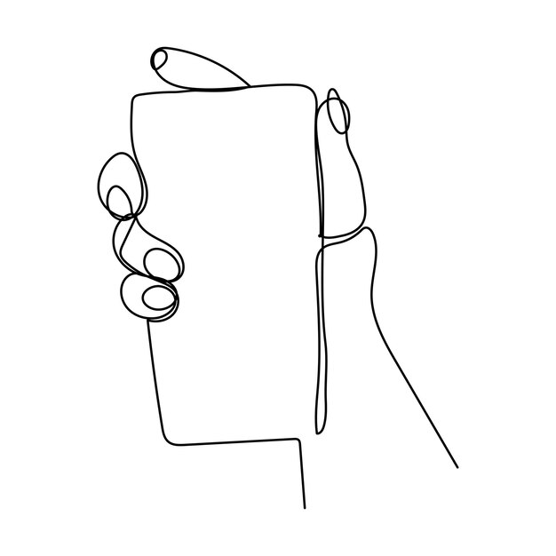 Continuous one line drawing of a hand holding a phone or smartphone Mobile phone technology gadget
