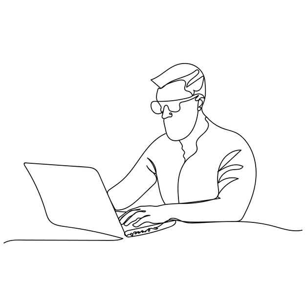 Continuous one line drawing of a man with a laptop Vector illustration