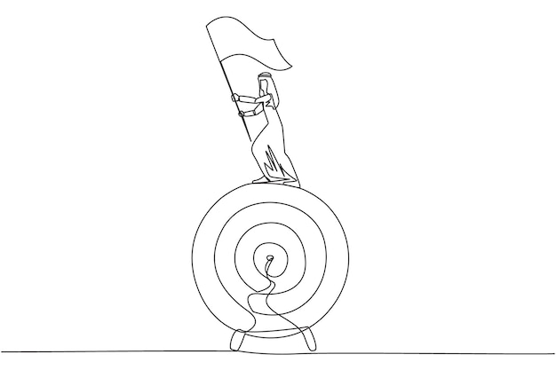 continuous one line drawing of arabian businessman standing on giant arrow target board raising flag