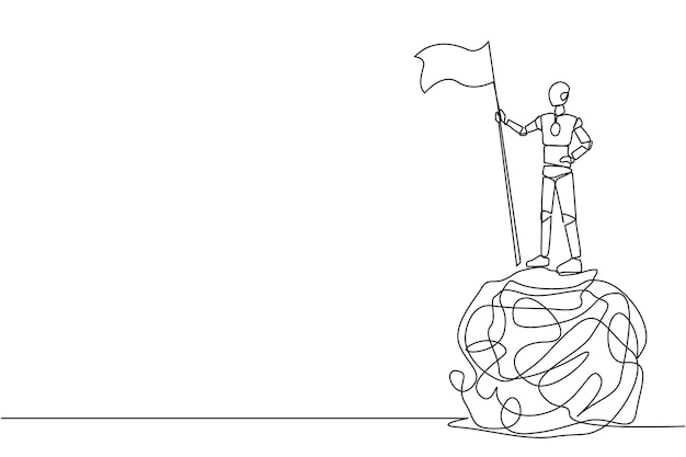 continuous one line drawing of artificial robotic standing on a giant tangled circle holding a flag