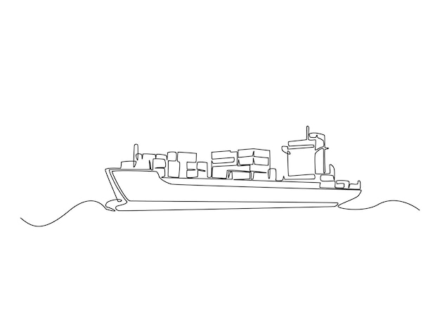 Continuous one line drawing of Container Cargo ship sailing in the sea