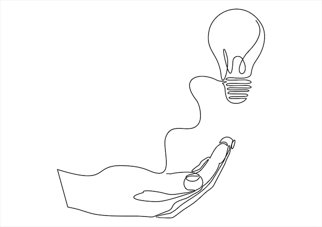 Continuous one line drawing of hand holding electric light bulb at palm arm