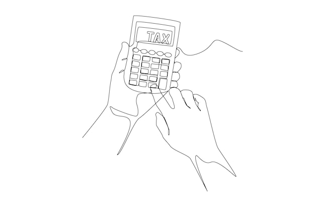 continuous one line drawing of hands holding calculator with word tax inside income tax calculation