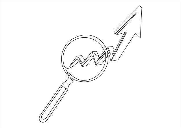Continuous one line drawing of increasing up arrows bar graph and magnifying glass