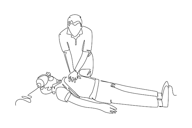 Continuous one line drawing of male rescue team Providing First Aid Saving lives or emergency accident Health care teamwork Single line draw design vector illustration
