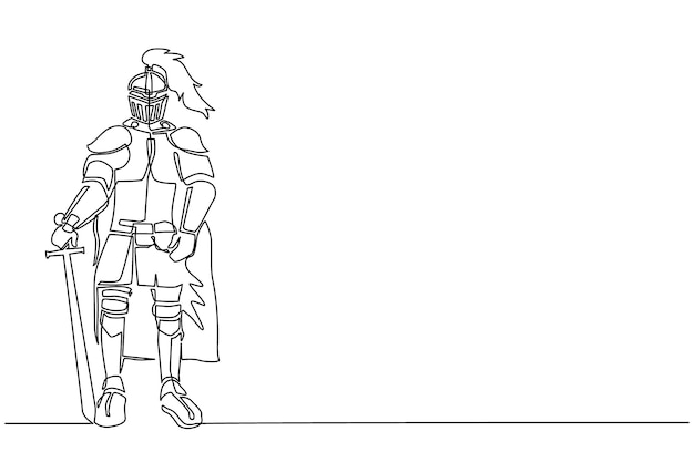 Continuous one line drawing of medieval knight in armor cape and helmet with a feather vector