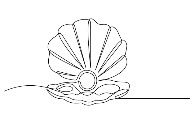 continuous one line drawing of open oyster shell with pearl seashell symbol and banner of beauty