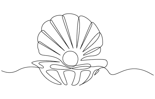 Continuous one line drawing of open oyster shell with pearl Seashell symbol and banner of beauty