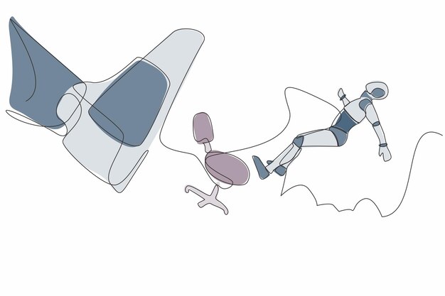 continuous one line drawing of robot kicked out by big foot from chair design vector illustration