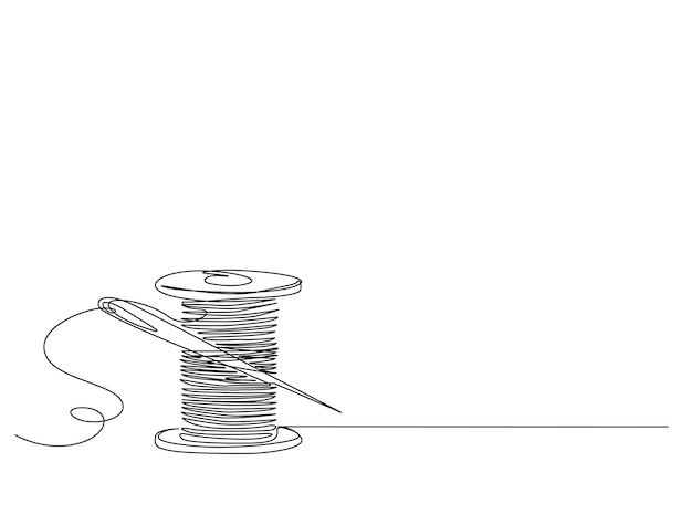 Continuous one line drawing of sewing needle on spool of thread