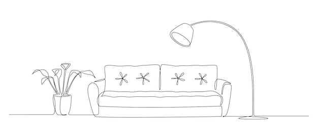 Continuous one line drawing of sofa and loft lamp and plant. Scandinavian stylish furniture in simple Linear style. Doodle vector illustration
