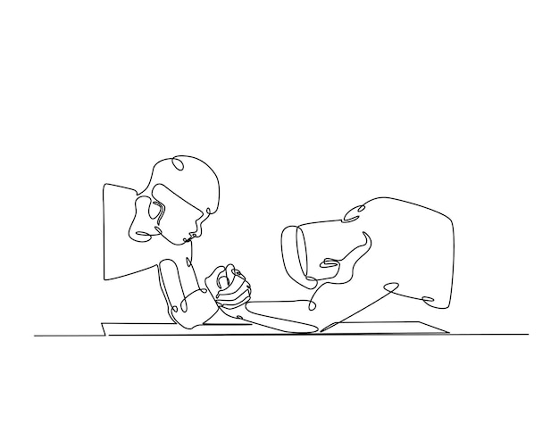 continuous one line drawing of two man fight arm wrestling metaphor of confrontation
