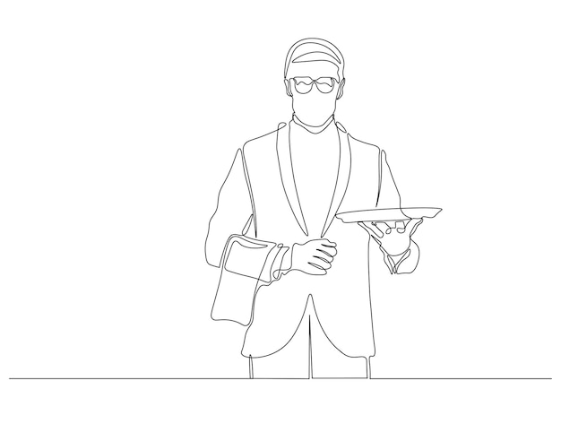 continuous one line drawing of waiter holding tray one line drawing illustration of waiter working restaurant bar and cafe worker concept continuous line art editable outline