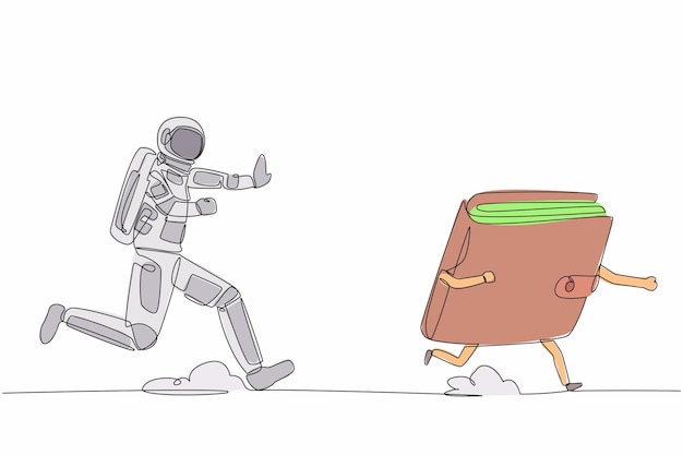 continuous one line drawing of young astronaut run chasing wallet in moon surface digital wallet