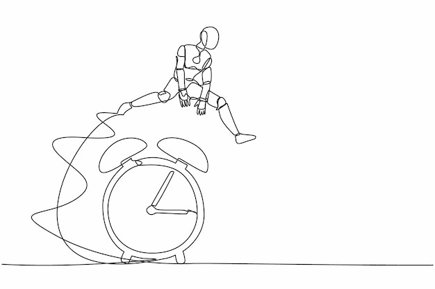 continuous one line drawing robot jump over alarm clock business deadline working time efficiency